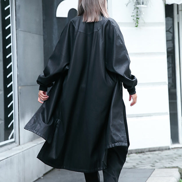 New Black Pu Clothing Stand Collar Holiday Tops Fine Side Open Pockets Linen Pu Coat