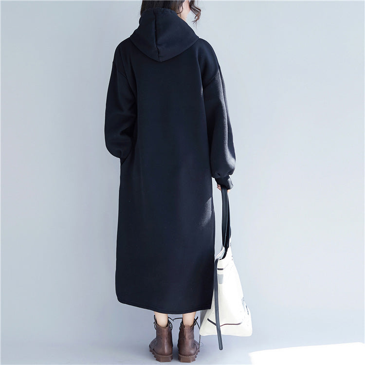 New Black Spring Dress Gown Hooded Side Open Drawstring Cotton Clothing Dress