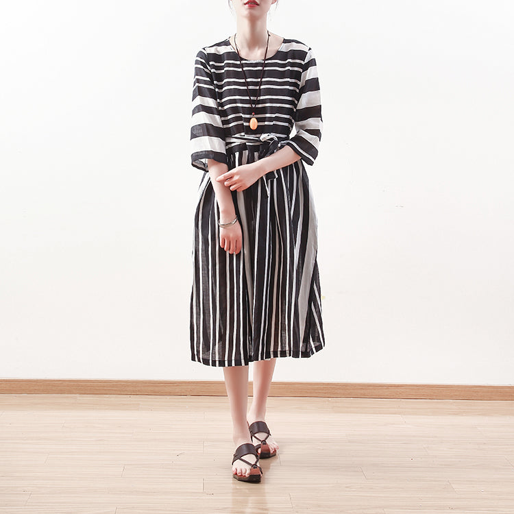 New Black White Striped Natural Linen Dress Loose Fitting Tie Waist Traveling Clothing Bracelet Sleeved Gown
