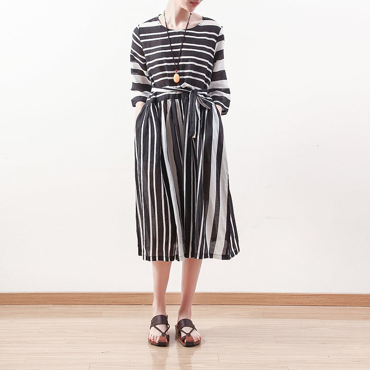 New Black White Striped Natural Linen Dress Loose Fitting Tie Waist Traveling Clothing Bracelet Sleeved Gown