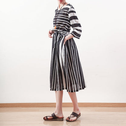 New Black White Striped Natural Linen Dress Loose Fitting Tie Waist Traveling Clothing Bracelet Sleeved Gown