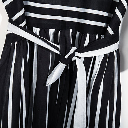 New Black White Striped Natural Linen Dress Loose Fitting Tie Waist Traveling Clothing Bracelet Sleeved Gown