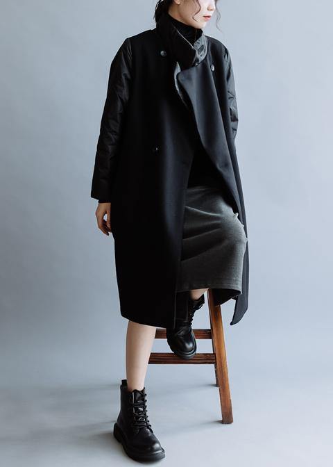 New Black Wool Coat Medium Length Jackets Double Breast Pockets Winter Coats