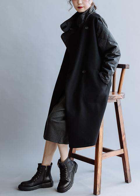 New Black Wool Coat Medium Length Jackets Double Breast Pockets Winter Coats