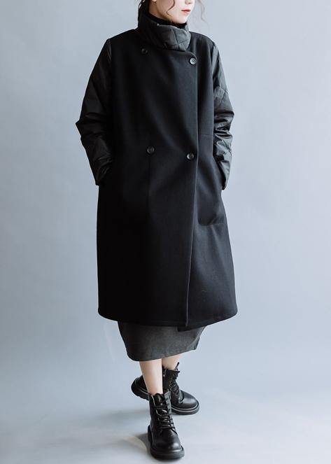 New Black Wool Coat Medium Length Jackets Double Breast Pockets Winter Coats
