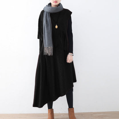 New Black Wool Dress Tassel Winter Dress Asymmetric Hem Winter Dress