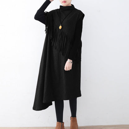 New Black Wool Dress Tassel Winter Dress Asymmetric Hem Winter Dress