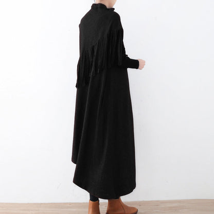 New Black Wool Dress Tassel Winter Dress Asymmetric Hem Winter Dress