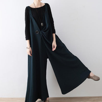 New Blackish Green Jumpsuit Pants Striped Wide Leg Oversize Jumpsuits Trousers Side