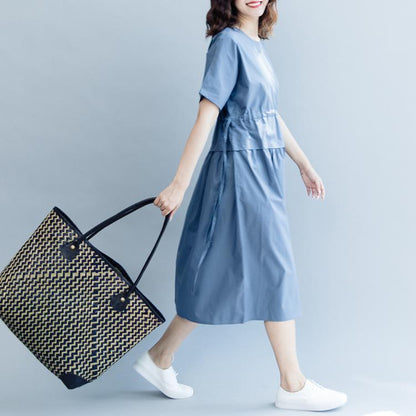 New Blue Cotton Dresses Oversize O Neck Drawstring Caftans Fine Short Sleeve Baggy Dresses