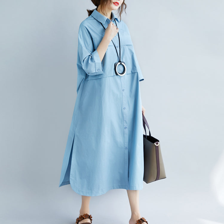 New Blue Cotton Dresses Turn-down Collar Pockets Side Open New Three Quarter Sleeve Cotton Dresses
