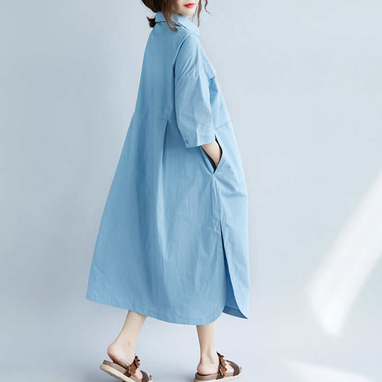 New Blue Cotton Dresses Turn-down Collar Pockets Side Open New Three Quarter Sleeve Cotton Dresses