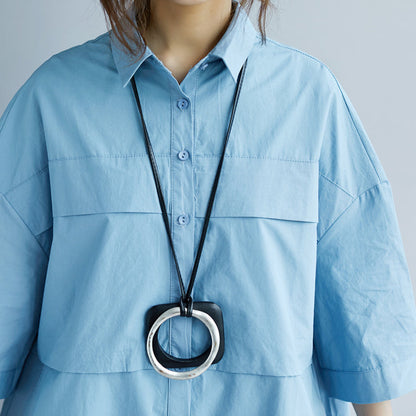 New Blue Cotton Dresses Turn-down Collar Pockets Side Open New Three Quarter Sleeve Cotton Dresses