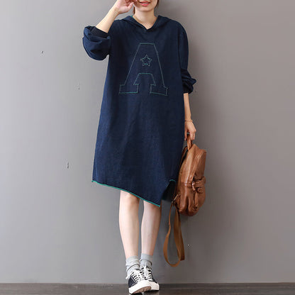 New Blue Cotton Knee Dress Loose Fitting Traveling Clothing Asymmetric Hem 2018hooded Cotton Dresses