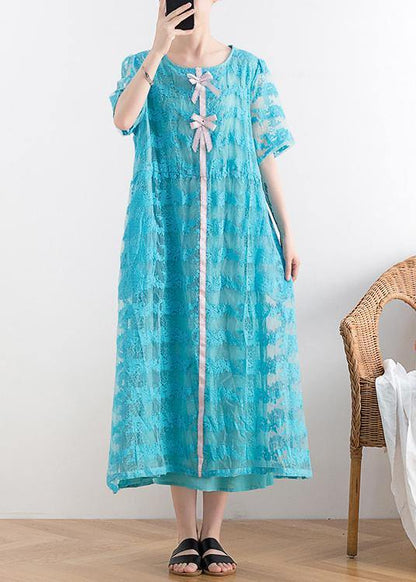 New Blue Lace Embroidery Organza Heavy Industry Retro Exquisite Loose Dress