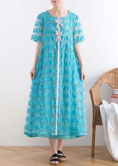 New Blue Lace Embroidery Organza Heavy Industry Retro Exquisite Loose Dress