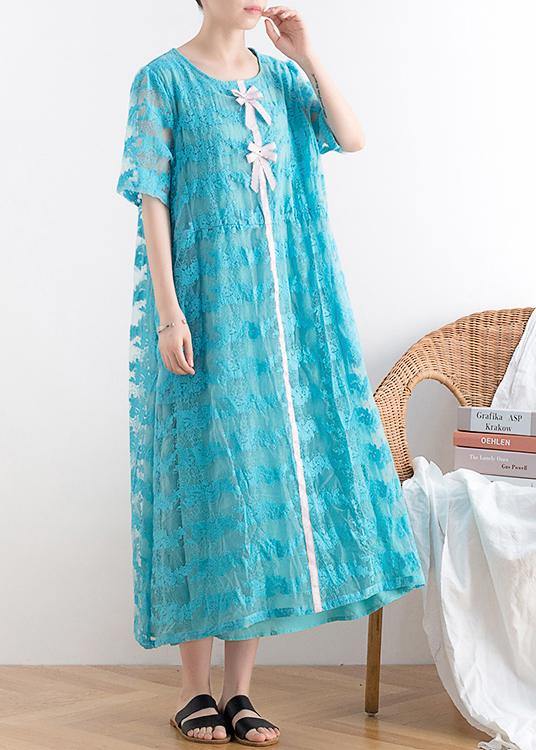 New Blue Lace Embroidery Organza Heavy Industry Retro Exquisite Loose Dress