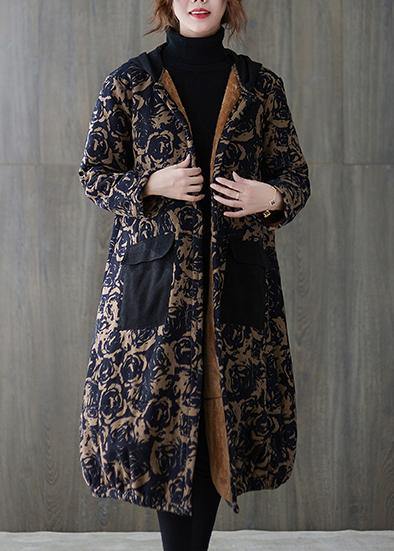 New Blue Print Coat Snow Jackets Hooded Pockets Overcoat