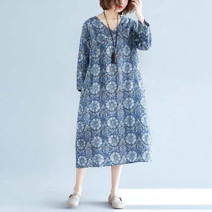 New Blue Print Long Linen Dress Clothing V Neck Baggy Dresses Traveling Clothing Long Sleeve Pockets Dresses