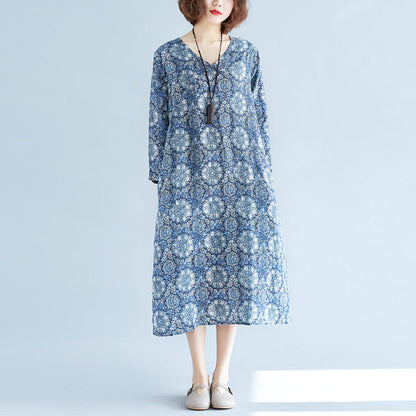 New Blue Print Long Linen Dress Clothing V Neck Baggy Dresses Traveling Clothing Long Sleeve Pockets Dresses
