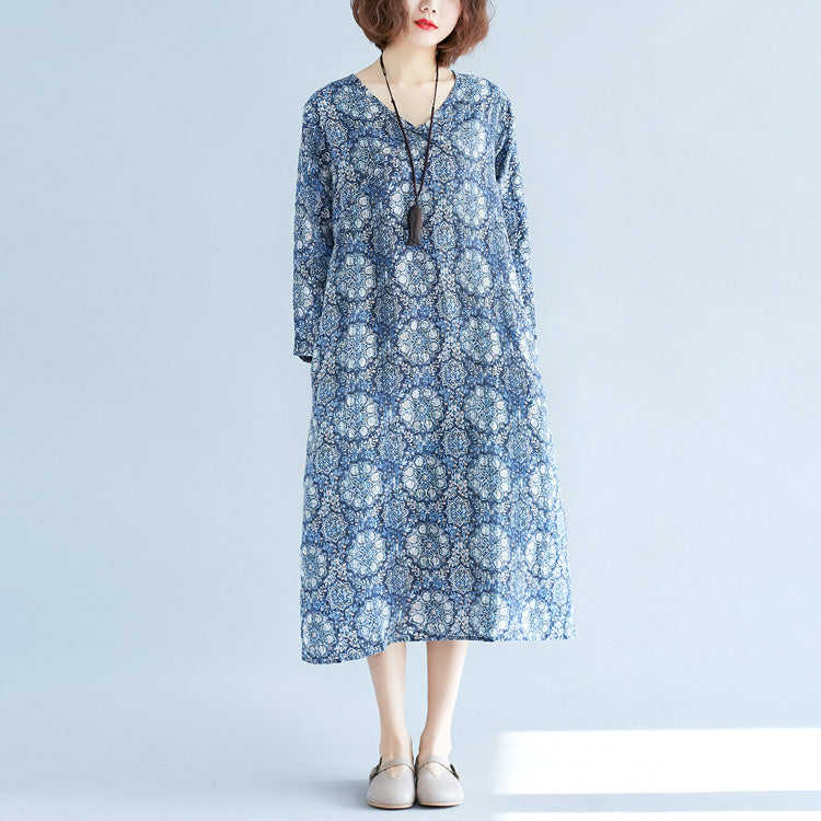 New Blue Print Long Linen Dress Clothing V Neck Baggy Dresses Traveling Clothing Long Sleeve Pockets Dresses