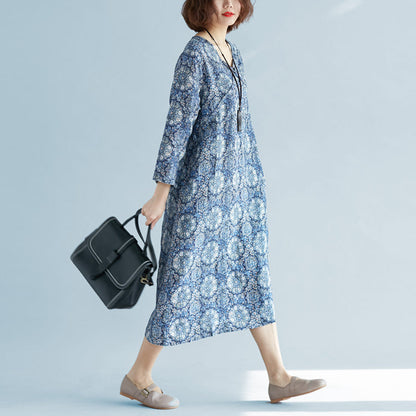 New Blue Print Long Linen Dress Clothing V Neck Baggy Dresses Traveling Clothing Long Sleeve Pockets Dresses
