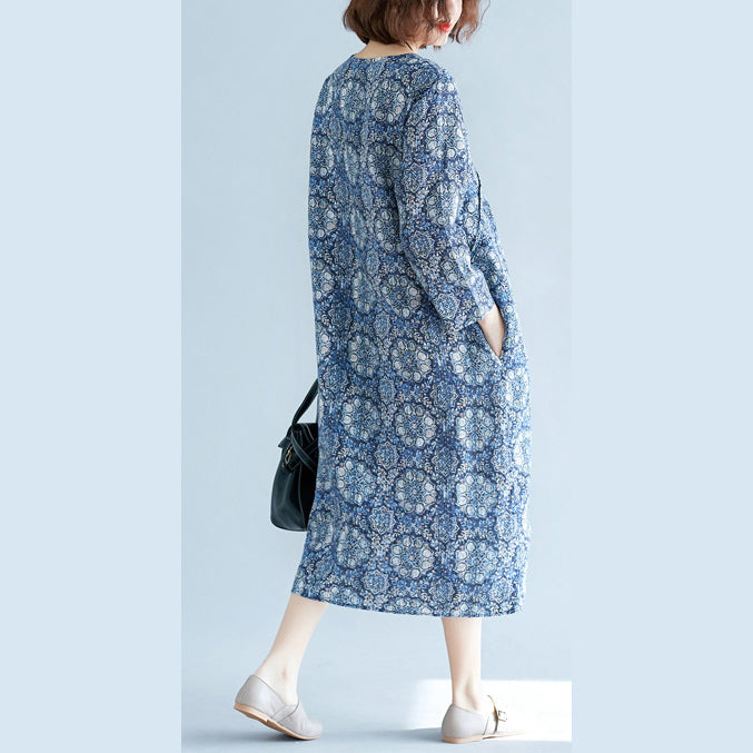 New Blue Print Long Linen Dress Clothing V Neck Baggy Dresses Traveling Clothing Long Sleeve Pockets Dresses
