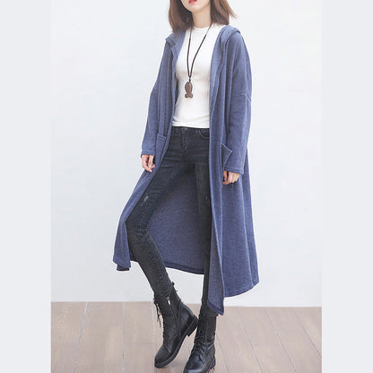 New Blue Wool Overcoat Clothing Big Pockets Trench Coat Hooded Outwear