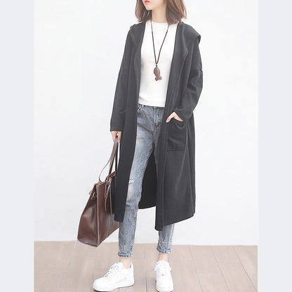 New Blue Wool Overcoat Clothing Big Pockets Trench Coat Hooded Outwear