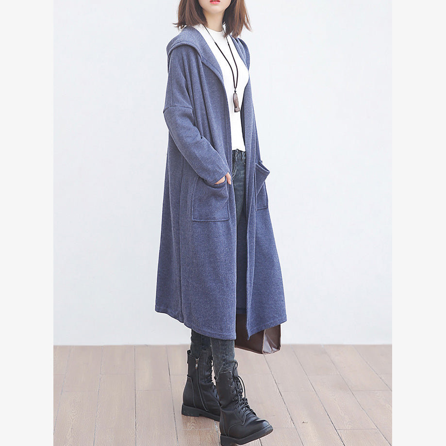 New Blue Wool Overcoat Clothing Big Pockets Trench Coat Hooded Outwear