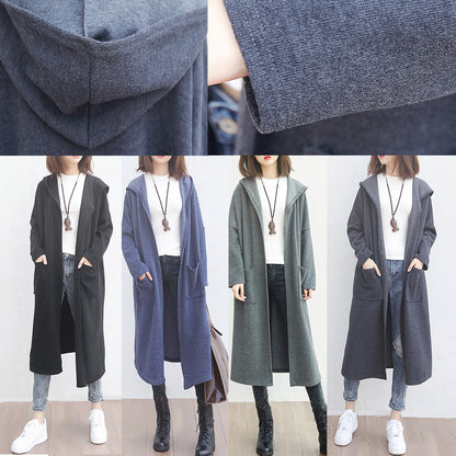 New Blue Wool Overcoat Clothing Big Pockets Trench Coat Hooded Outwear