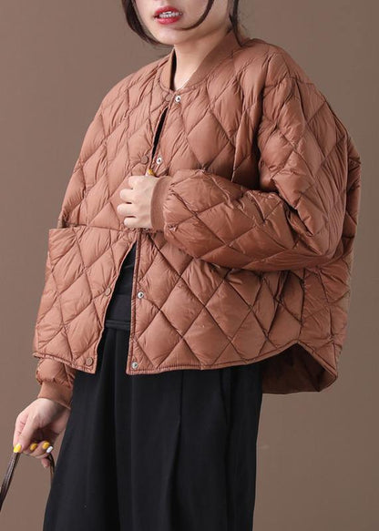 New Brown Warm Winter Coat Winter Stand Collar Geometric Overcoat