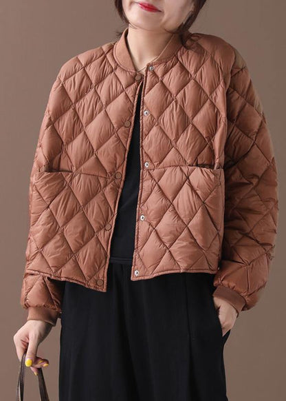 New Brown Warm Winter Coat Winter Stand Collar Geometric Overcoat