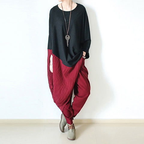 New Burgundy Loose Cotton Pants Oversized Harem Pants Trousers
