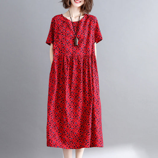 New Burgundy Print Cotton Linen Dresses Short Sleeve Maxi Dress O Neck Caftans