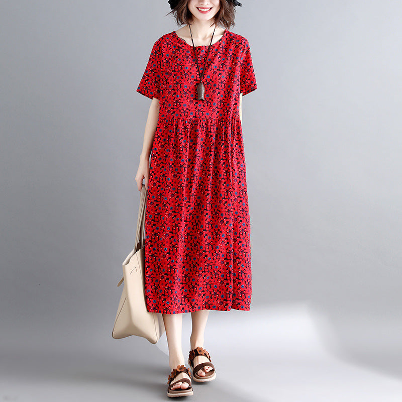 New Burgundy Print Cotton Linen Dresses Short Sleeve Maxi Dress O Neck Caftans