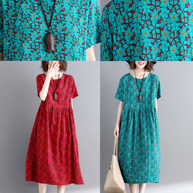 New Burgundy Print Cotton Linen Dresses Short Sleeve Maxi Dress O Neck Caftans