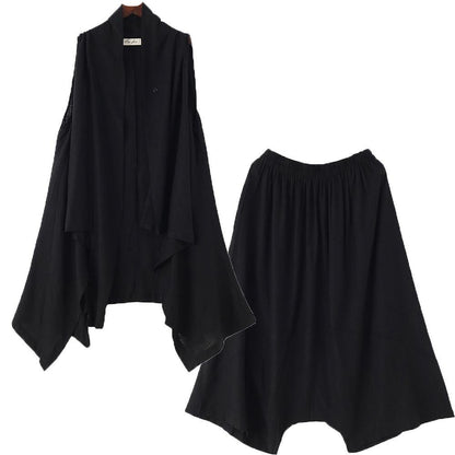 New Black Vest With Cotton Wide-leg Pants Two-piece Suit