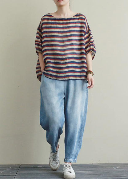 New Suit Female Loose Large Size Red and Blue Striped T-shirt Tencel Blue Jeans Two-piece Suit