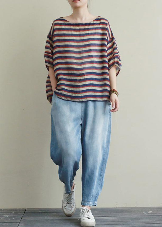 New Suit Female Loose Large Size Red and Blue Striped T-shirt Tencel Blue Jeans Two-piece Suit