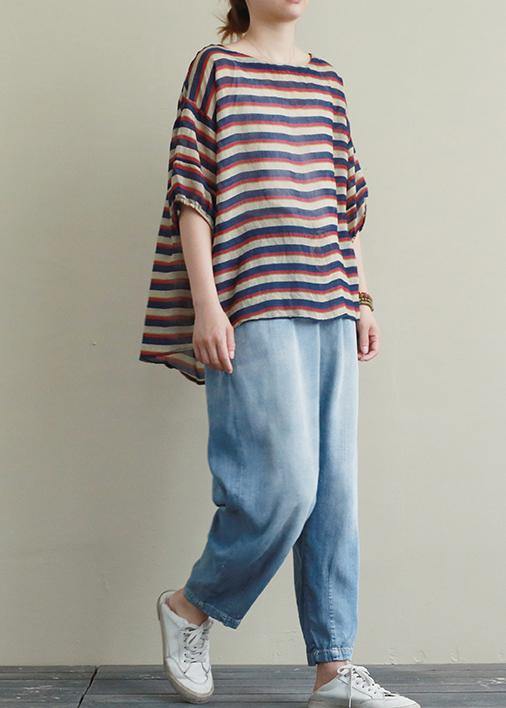 New Suit Female Loose Large Size Red and Blue Striped T-shirt Tencel Blue Jeans Two-piece Suit