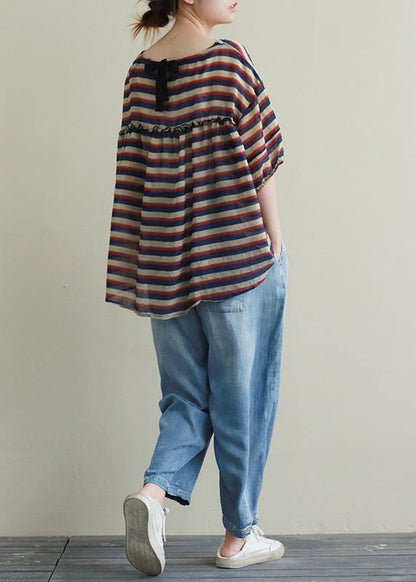 New Suit Female Loose Large Size Red and Blue Striped T-shirt Tencel Blue Jeans Two-piece Suit