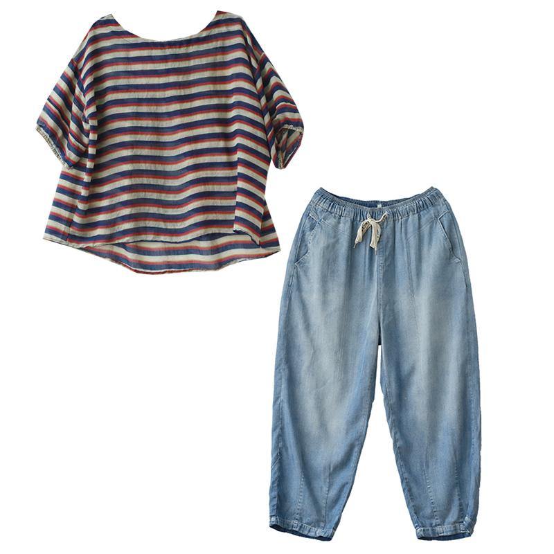 New Suit Female Loose Large Size Red and Blue Striped T-shirt Tencel Blue Jeans Two-piece Suit