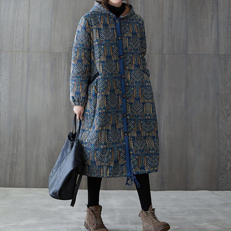 New Winter Jacket Winter Outwear Blue Print Hooded Drawstring Coat