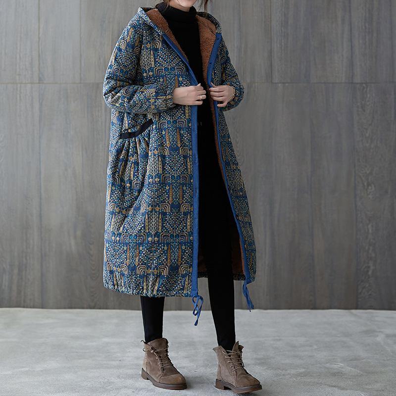 New Winter Jacket Winter Outwear Blue Print Hooded Drawstring Coat