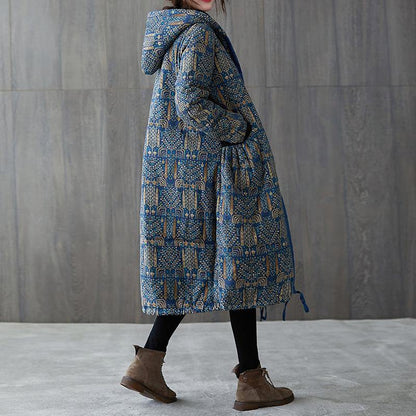 New Winter Jacket Winter Outwear Blue Print Hooded Drawstring Coat