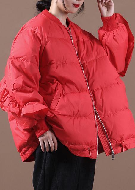 New Parka Jackets Red Stand Collar Ruffles Warm Winter Coat