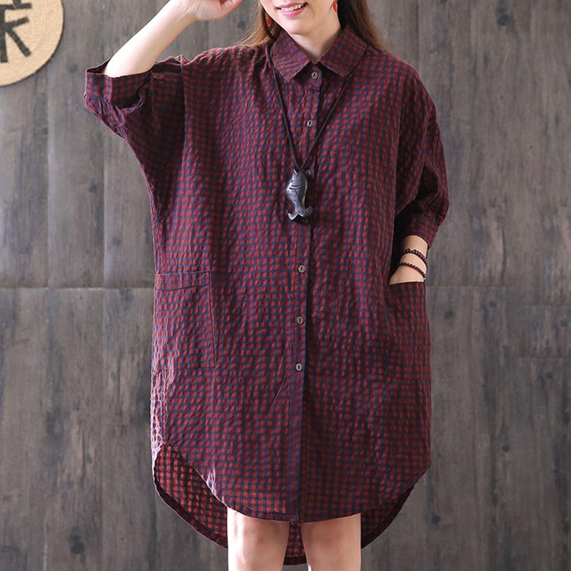 New Cotton Blended Blouse Loose Plaid Single Breasted Red Shirt