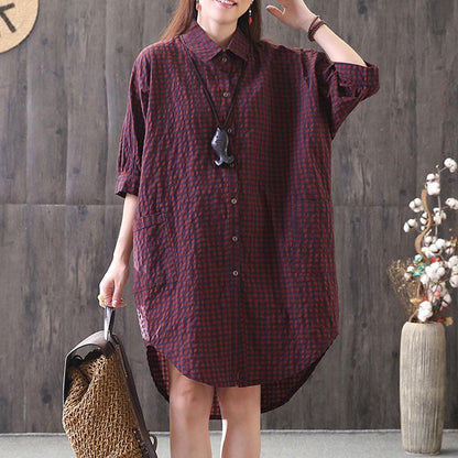New Cotton Blended Blouse Loose Plaid Single Breasted Red Shirt