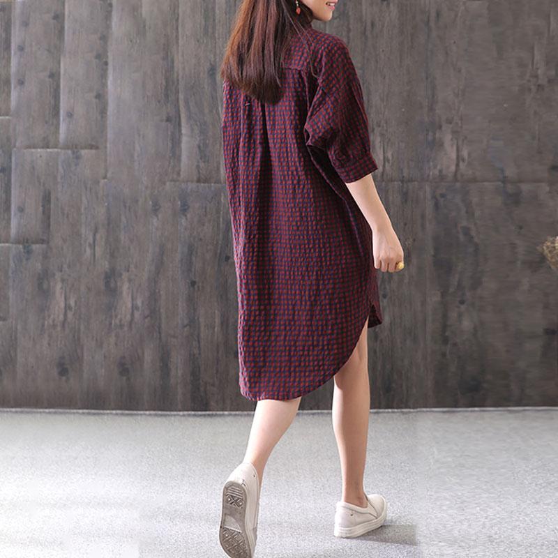 New Cotton Blended Blouse Loose Plaid Single Breasted Red Shirt